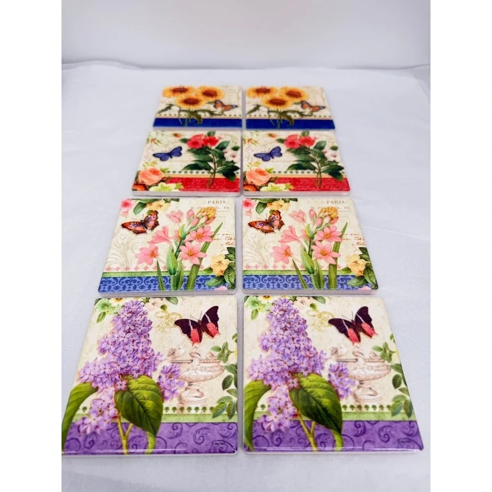 Butterfly Ceramic Coasters Floral French Cottage Country Whimsical Decor 8 Pc